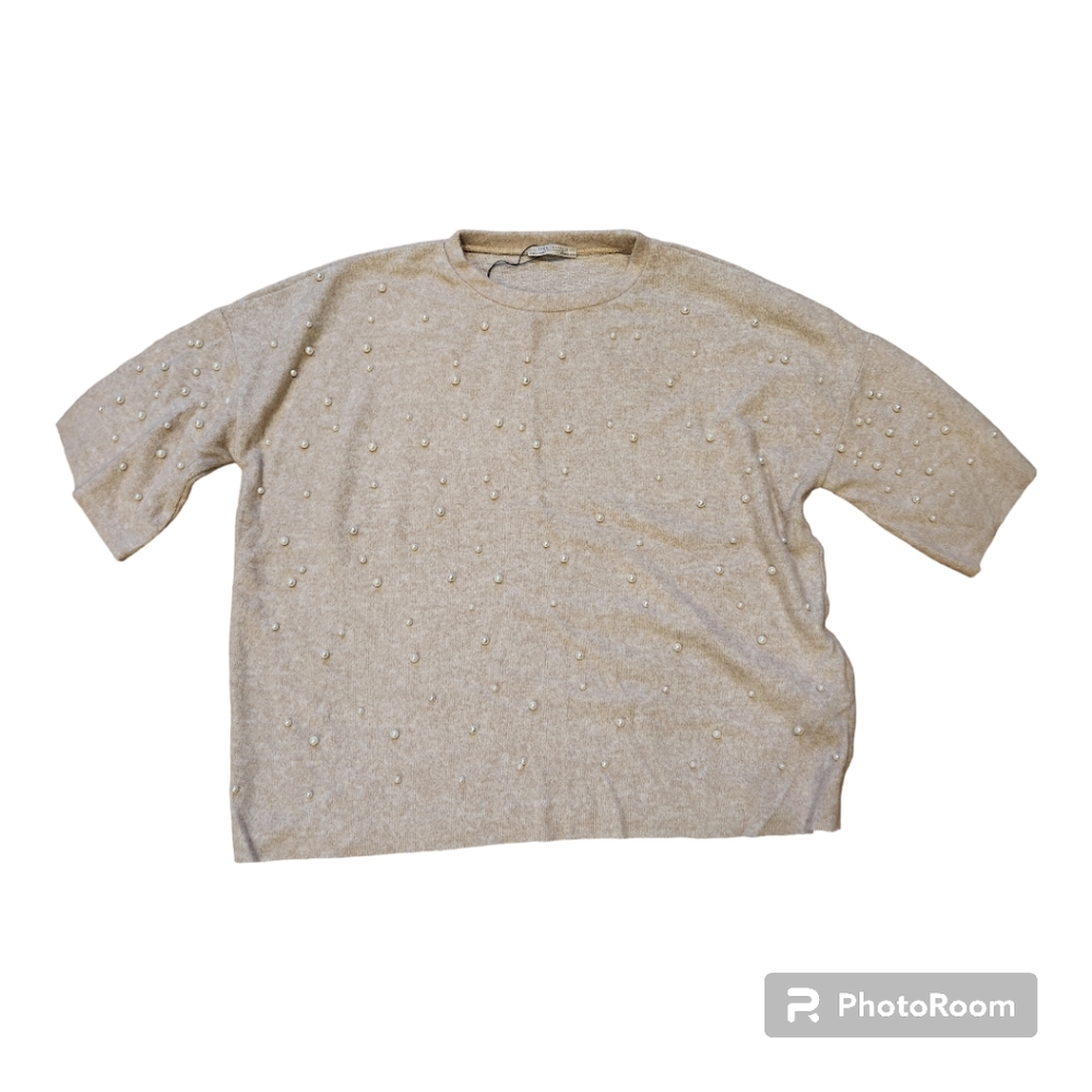 NWT Cream/ Beige Zara Trafaluc Sweater with Pearl Embellishments Size XL